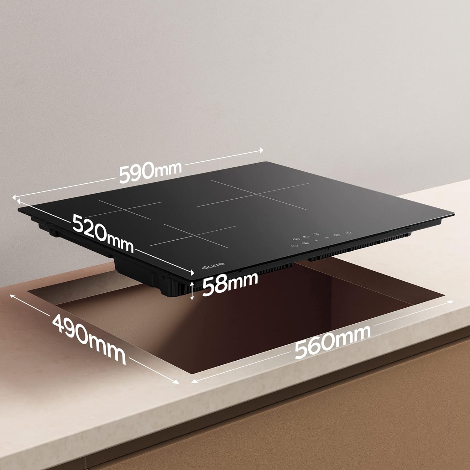 Installation dimensions diagram for the CIARRA CBBIH3 induction hob.