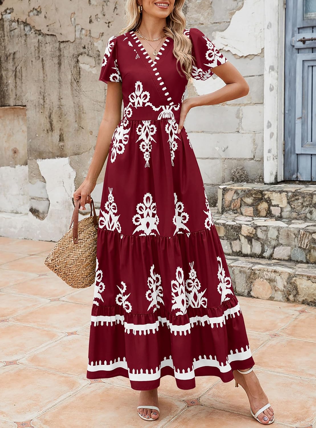 PRETTYGARDEN Womens 2026 Summer Casual V Neck Boho Maxi Dress Flowy Aline Bell Sleeve Tiered Floral Dresses with Pocket
