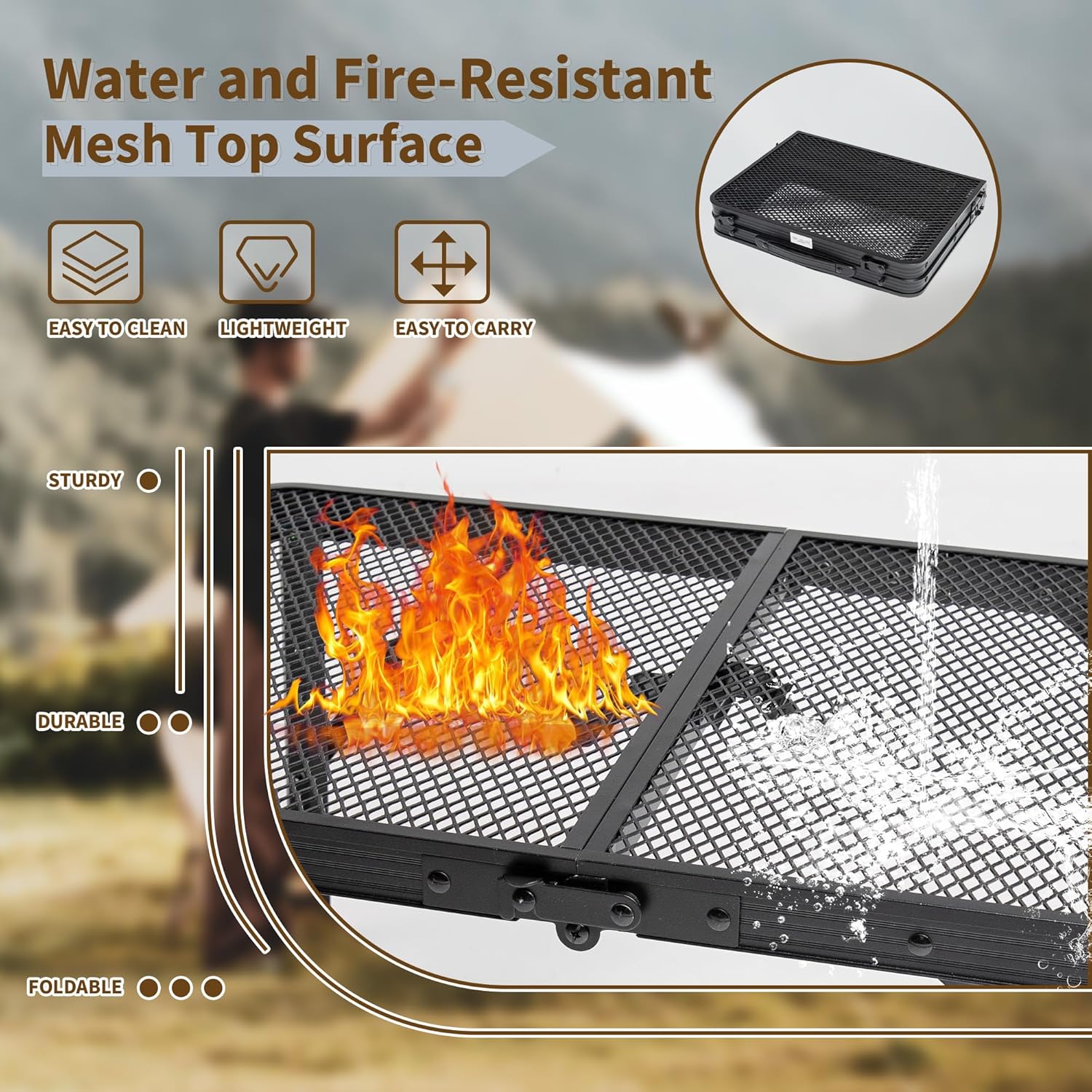 HPC Decor Folding Grill Table-Camping Table with Mesh Desktop,Portable Picnic Table with Carry Handle,27/56cm Height Adjustable Metal Table-Outdoor Grill Table,Folding Table for Outside Inside Use.