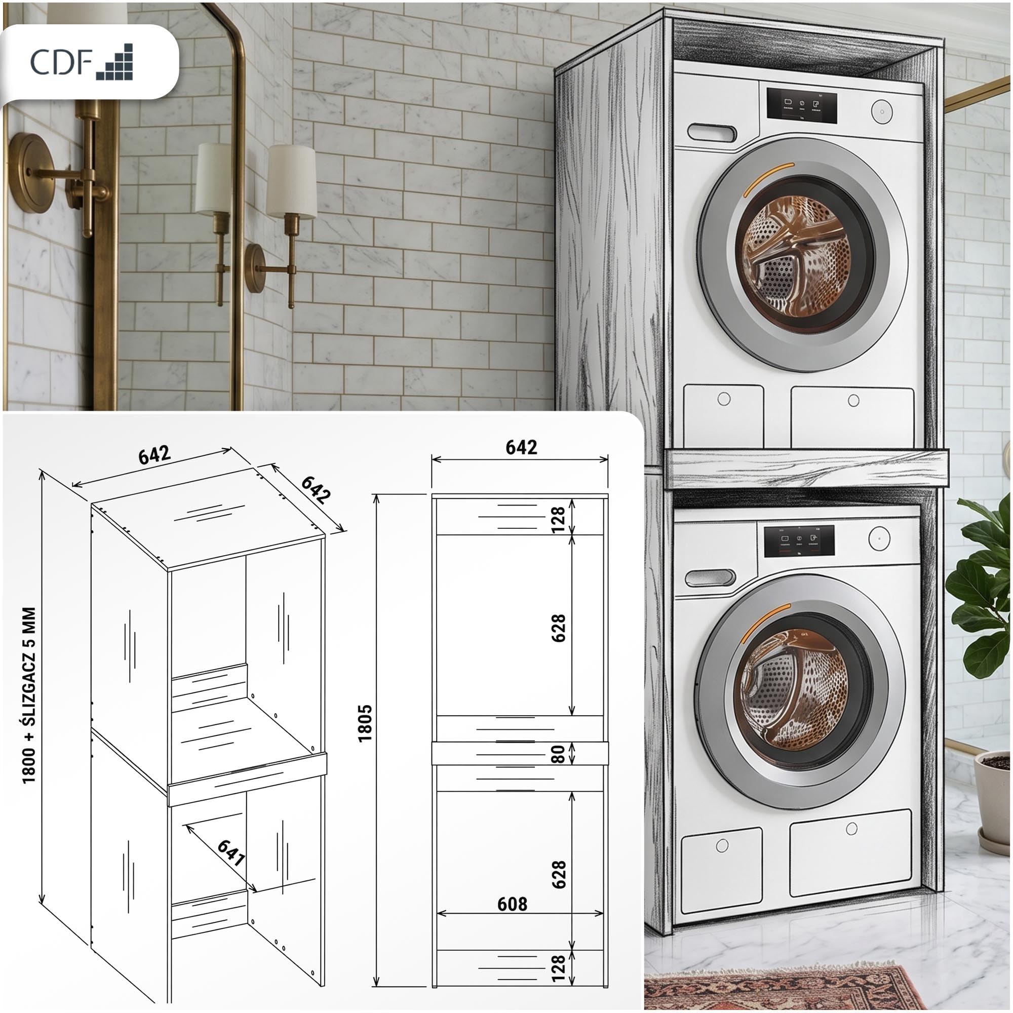 CDF Waschmaschinenschrank DOPPELT Hochschrank für Waschmaschine Wäschetrockner Badschrank Trockner Schrank Waschmaschinenschrank Überbauschrank 64x64x180 cm Badregal Robuste Platte Weiß - Pola