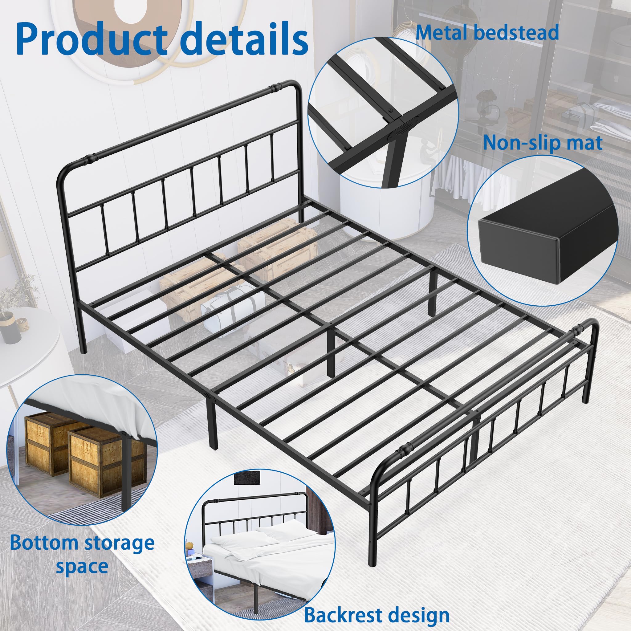 NAIZY Estructura de cama de 160 x 200 cm, con respaldo de metal, marco de cama con somier, cama de metal de 42 cm de altura, para dormitorio y habitación de invitados