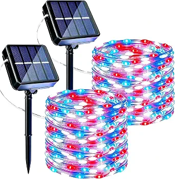 Joomer Red White Blue Solar Fairy Lights, 2 Pack 39FT 120 LED String Lights, 8 Modes, Waterproof Outdoor Patriotic Decor