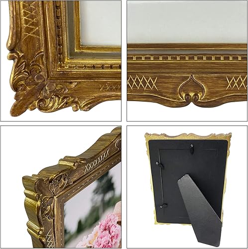 Miniatura 6 de PHAREGE Marco de fotos vintage de bronce de 5 x 7, marco de fotos antiguo adornado de 5 x 7 para bodas, marco de fotos retro que se muestra