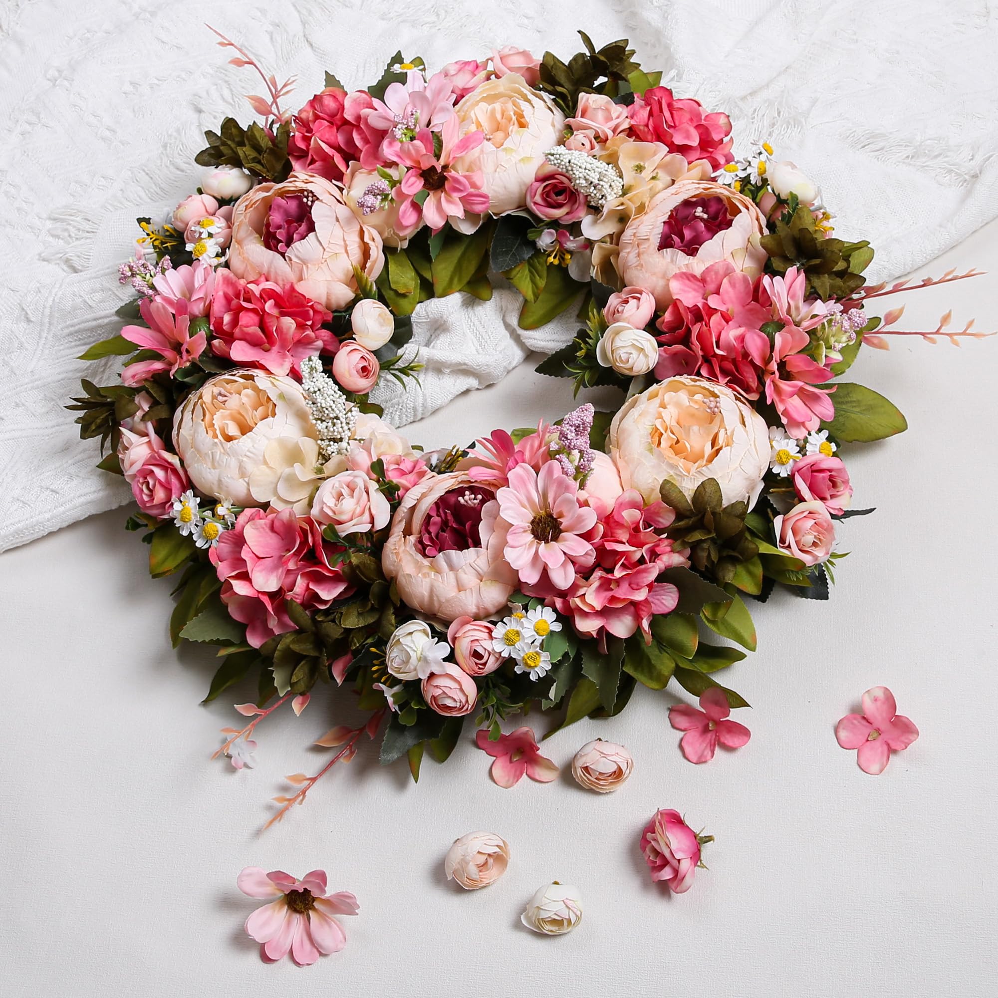 Couronne florale artificielle pour porte d'entrée, décoration d'intérieur, festival, fête, mariage, nouveaux propriétaires, décoration saisonnière, cadeau de pendaison de crémaillère (rose)