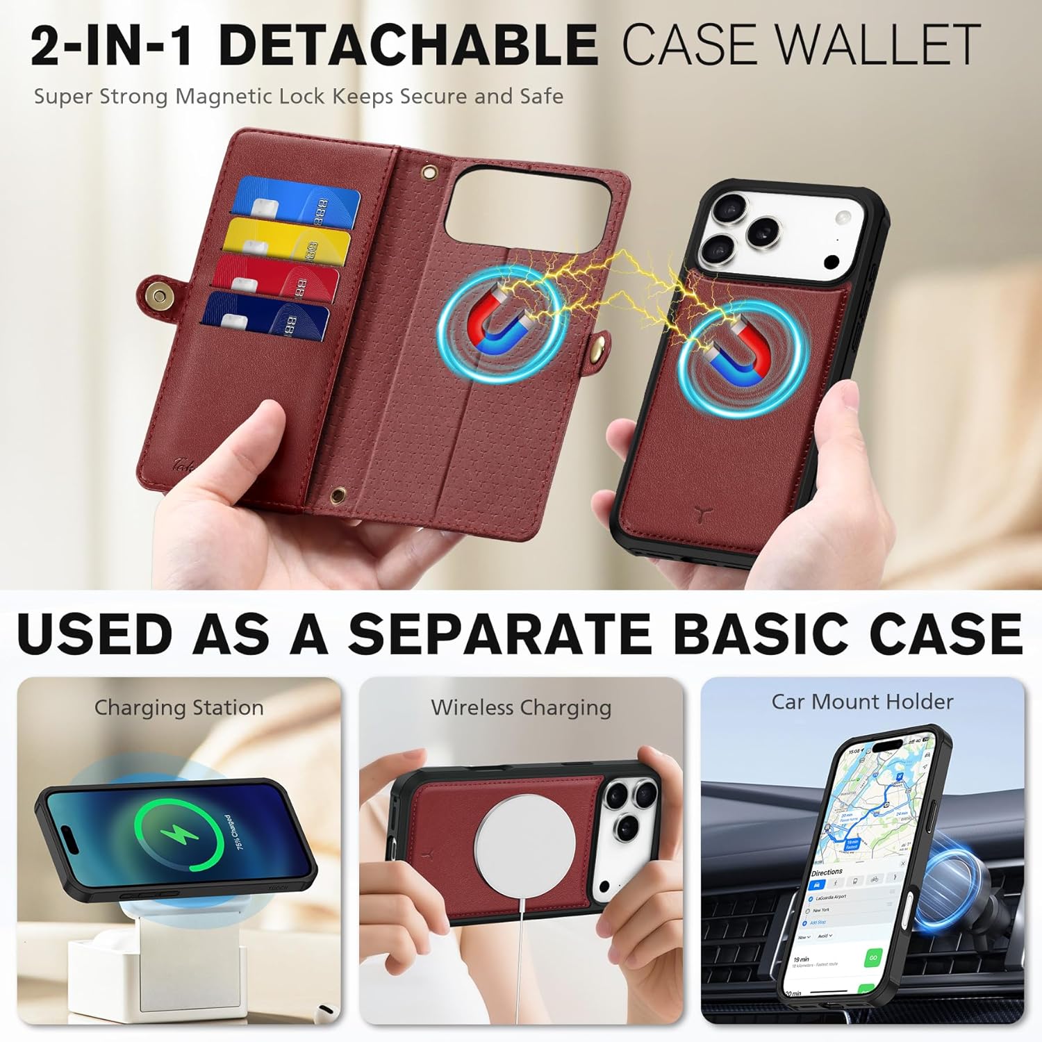 TUCCH Detachable Crossbody Case Wallet for iPhone 17 Pro Max 6.9", Wireless Charging | RFID Blocking 10 Card Holder | Lanyard Wrist Strap | Stand | Zipper Pocket | PU Leather Magnetic Cover | Dark Red