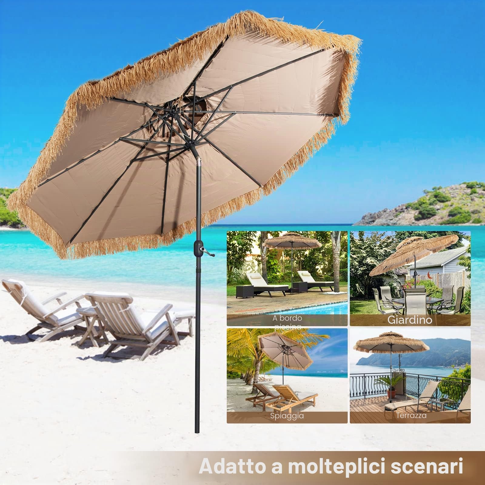 KOMFOTTEU Ombrellone Spiaggia in Paglia Hawaiano Pieghevole 300 cm | Parasole da Spiaggia con Doppio Tetto, Ombrellone per Giardino, Balcone, Giallo-Marrone, senza Base
