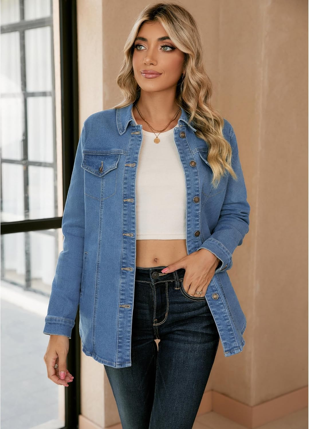 luvamia 2026 Jean Jackets for Women Fashion Denim Jacket Western Oversized Shacket Jacket Button Up with Pockets - Image 3