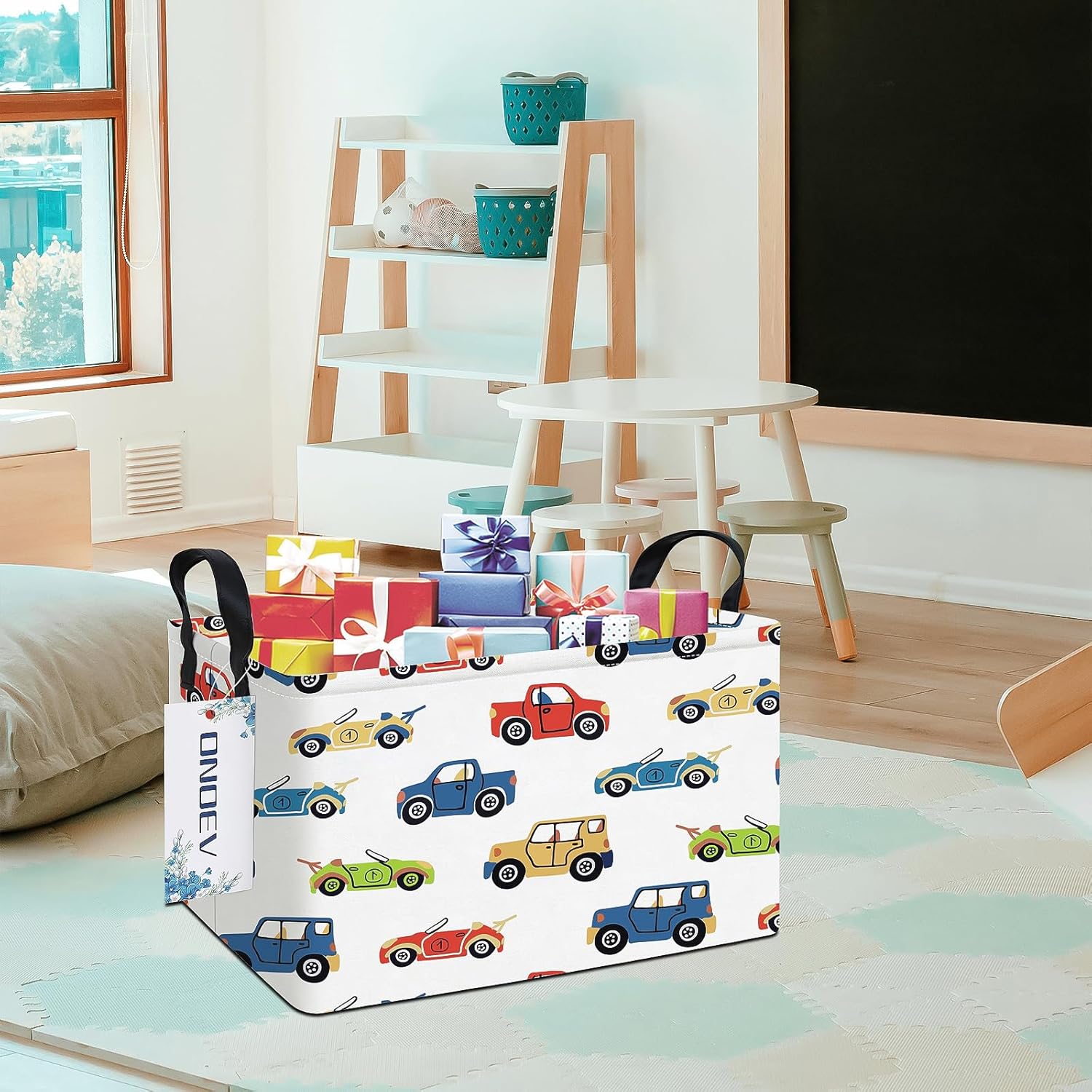 Rectangular Kids Car Storage Basket,Collapsible Fabric Toy Organizer Bin with Handles,Cute Cartoon Car Pattern Storage Box for Boys Room,Nursery,Playroom,Closet (Car)