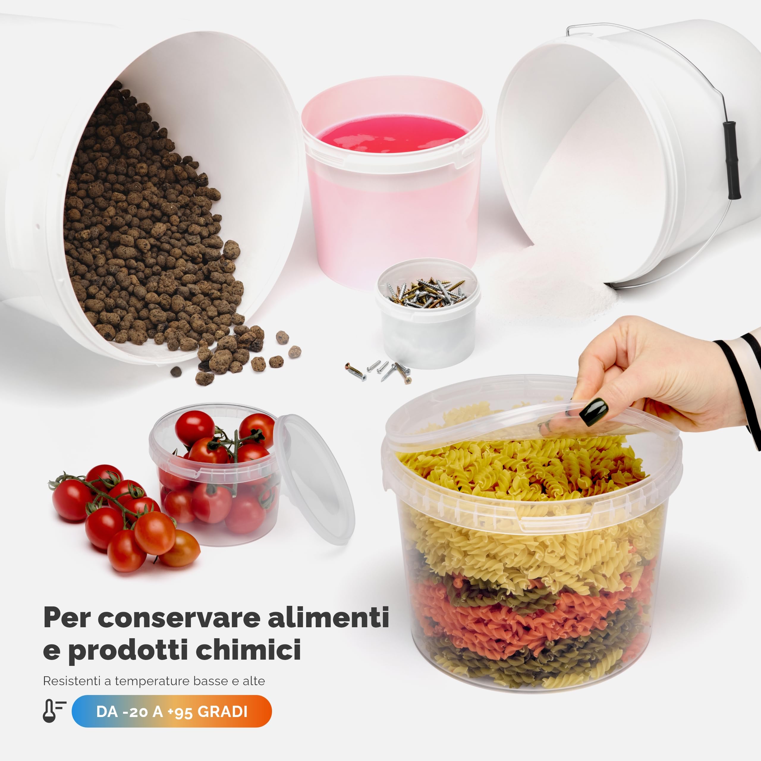 Garronda Secchio di plastica con Coperchio 1 L per la conservazione di Prodotti Alimentari e chimici Contenitore Plastica con Coperchio GD-0112 Bianco 100 Pezzi