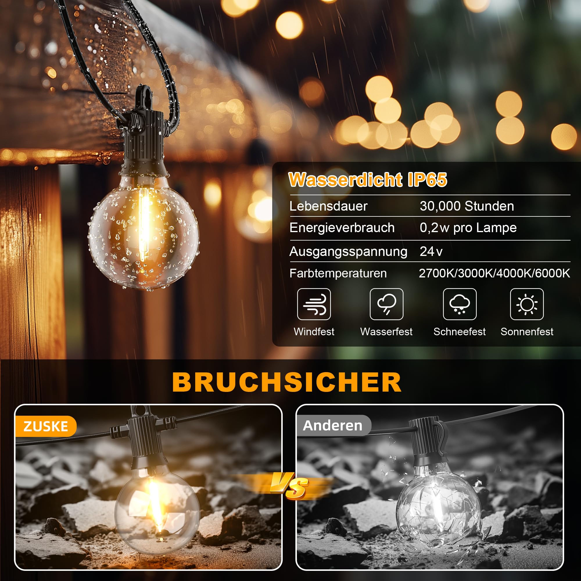Zuske 30M Lichterkette Außen Strom, dimmbare Lichterkette Outdoor mit 30+2 G40 Glühbirnen, IP65 Wasserdicht Lichterkette für Garten Partys Balkon Hochzeit (Warmgelb, Warmweiß, Neutralweiß, Kaltweiß)