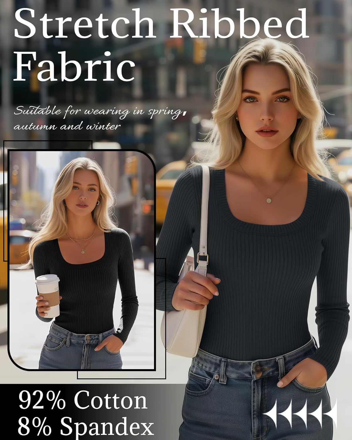 5 Pack Women's Ribbed Long Sleeve Tops Scoop Neck Cotton Shirts Slim Fit Knit Undershirts Casual Fall Basic Layer - Image 4