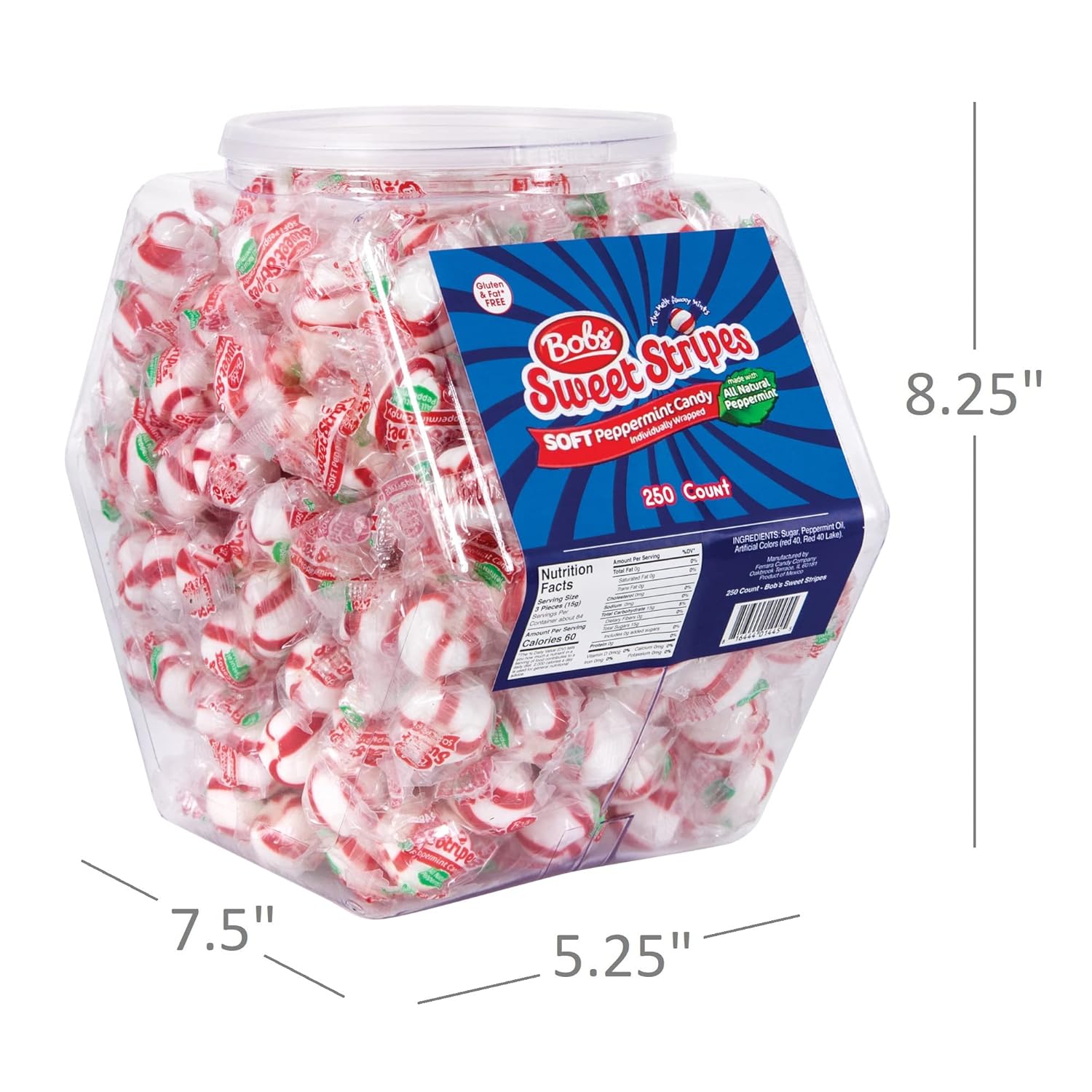 Bob's Sweet Stripes Bobs Sweet Stripes Soft Peppermint Candy - 250 Mints Individually Wrapped in Reusable Plastic Tub - Peppermint Candy White,Red