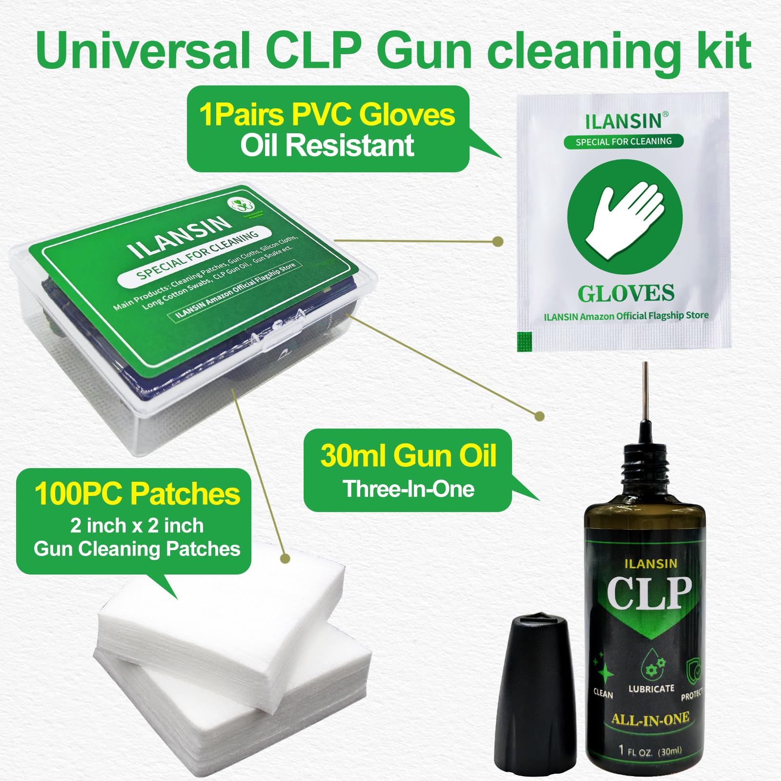 ILANSIN Universal 30ml CLP & 1oz Needle Oiler Gun Lubrication,Multi-Purpose Gun Cleaner, Oil Cleaning Kit,All in One Cleaner, Cleaning-Lubricant-Protector+lint Free Patches+Oil Resistant Gloves