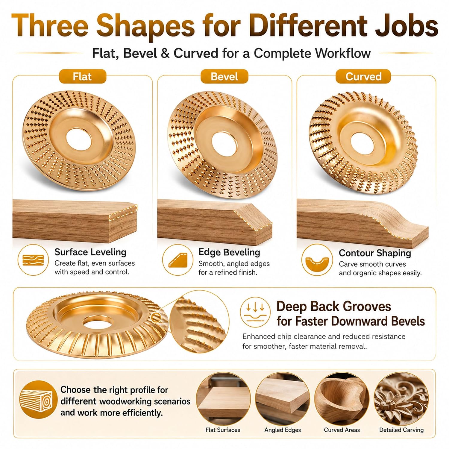 Tungsten Carbide Cutting Wheel, 3PCS Wood Carving Disc Set for Angle Grinder, Grinding Shaping Disc and Polishing Wheel, Suitable for 4" or 4 1/2" Angle Grinders (Inner Diameter 7/8-inch(22mm))