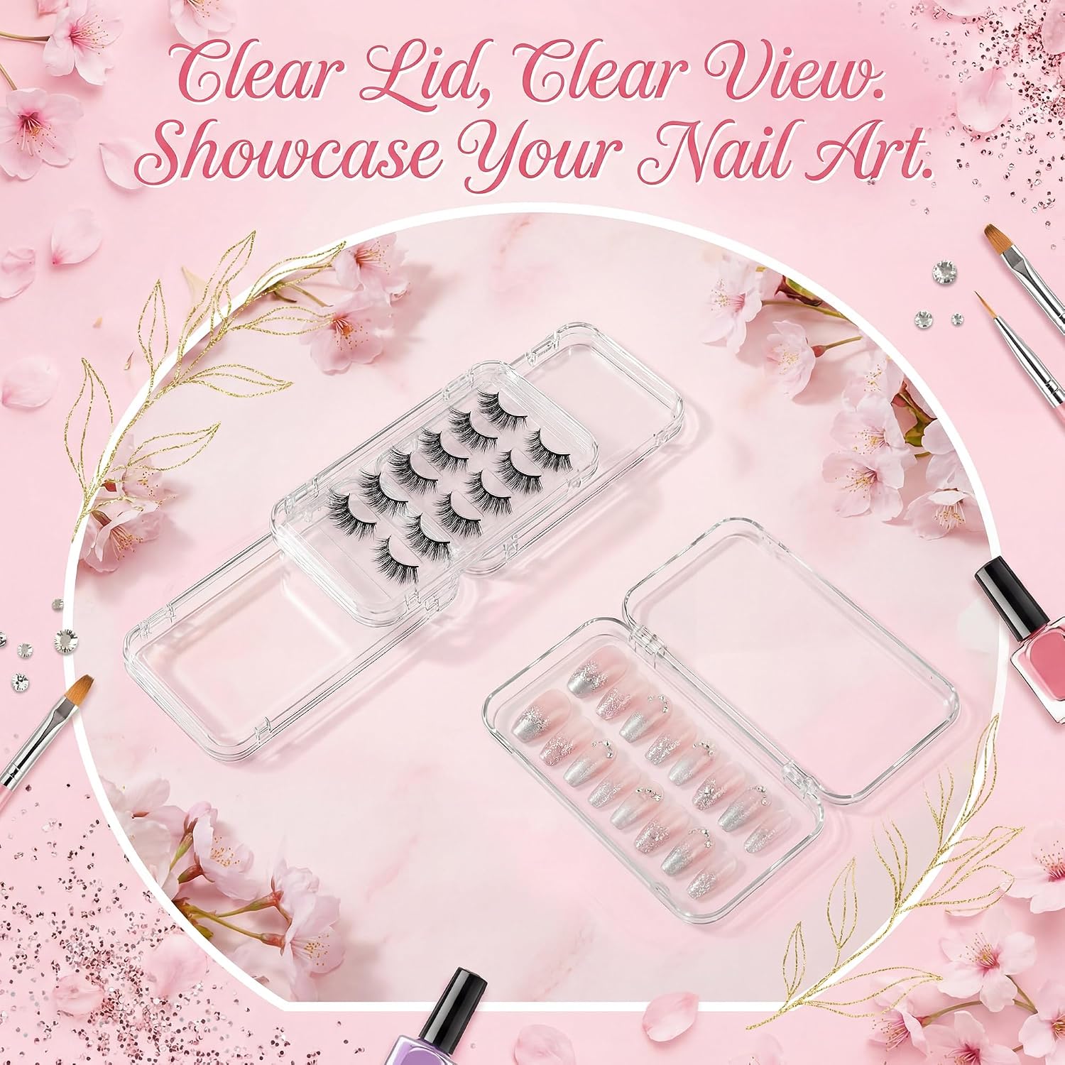 AceOrbit 24 Pcs Press on Nail Boxes with 90 Pcs Adhesive Double Sided Tape Acrylic Press on Nail Packaging Cases Clear Transparent Storage Case Organizer for Display Art Supplies 5.1" x 2.95"