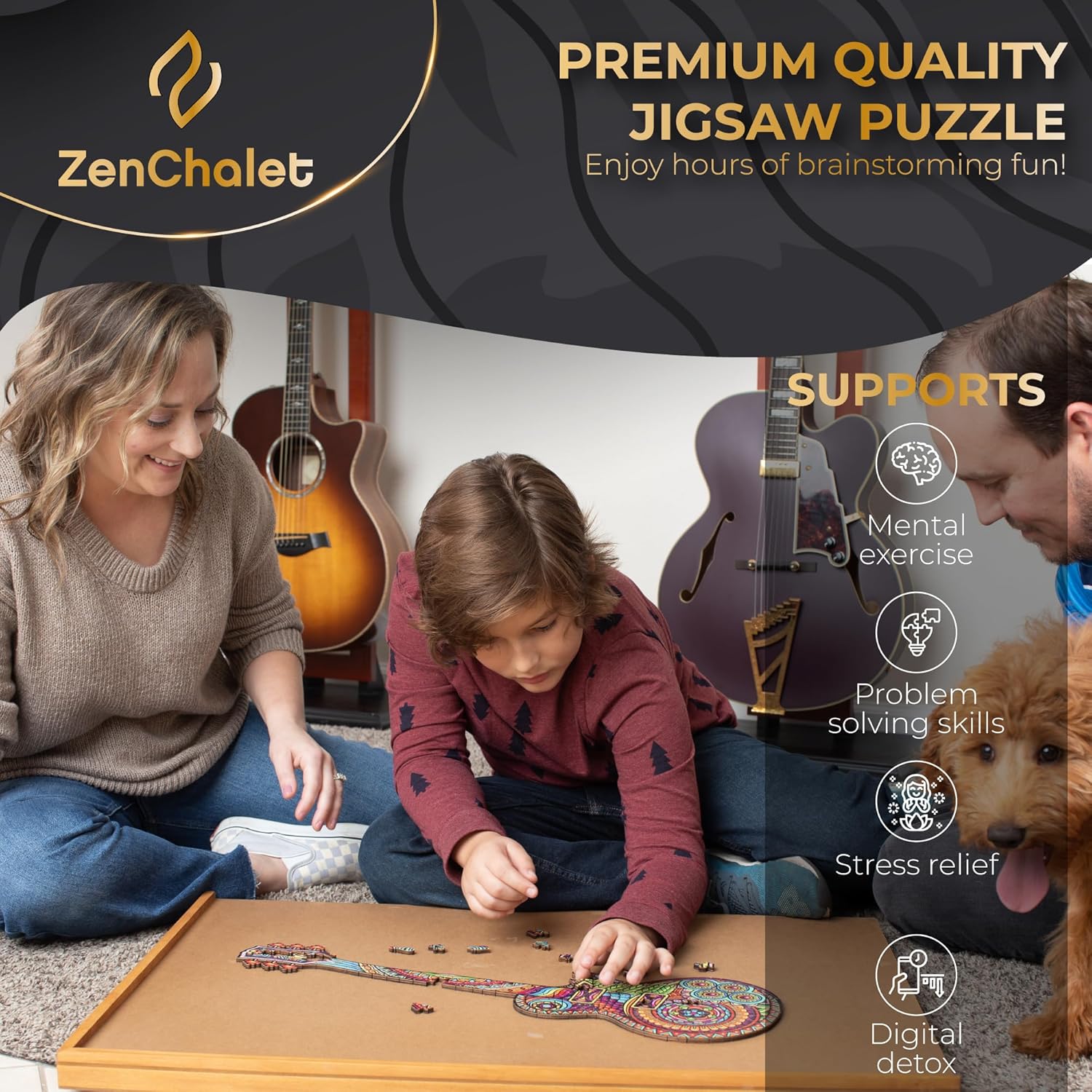 ZenChalet - Unique Guitar Puzzles for Adults 200- Giftable Wood Jigsaw Puzzles Adult - Distinctive Premium Cool Puzzle Gifts, Cool Puzzle Brain Teaser - Rompe Cabezas Adultos 200