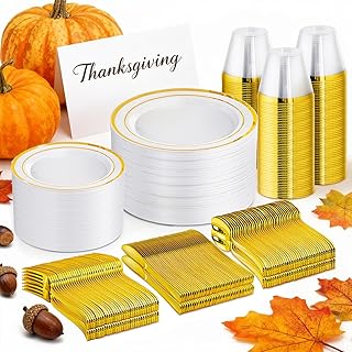 WELLIFE 450 PCS Gold Disposable Dinnerware Set for 75 Guests, 75 Each-Dinner & Salad Plates,Cups, Forks, Knives, Spoons for Wedding and Party Supplies
