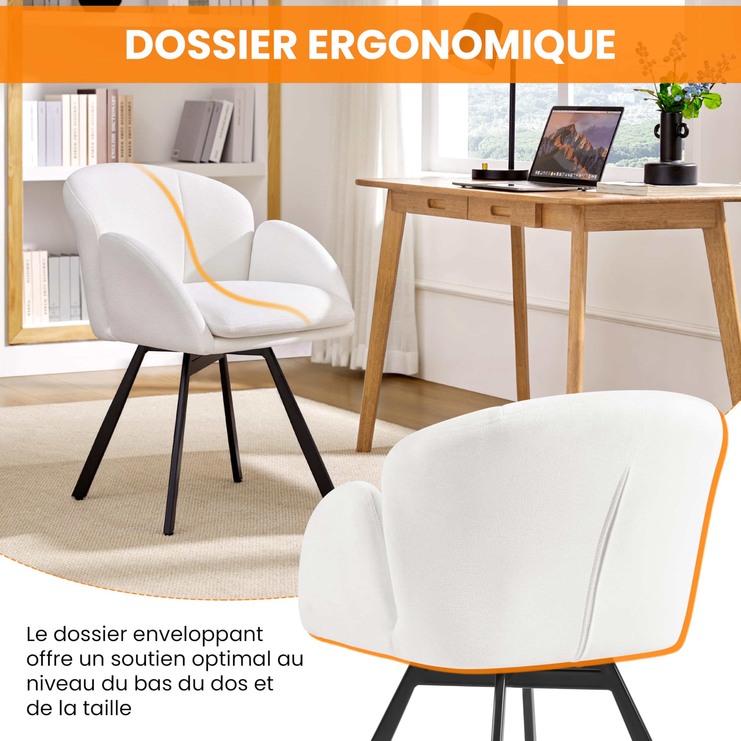 Yaheetech Fauteuil Salon en Velours Chenille，Design Fleur，Chaise Coiffeuse Pivotante，Fauteuil Chambre Confortable avec Coussin Amovible pour Chambre Bureau Domicile Blanc