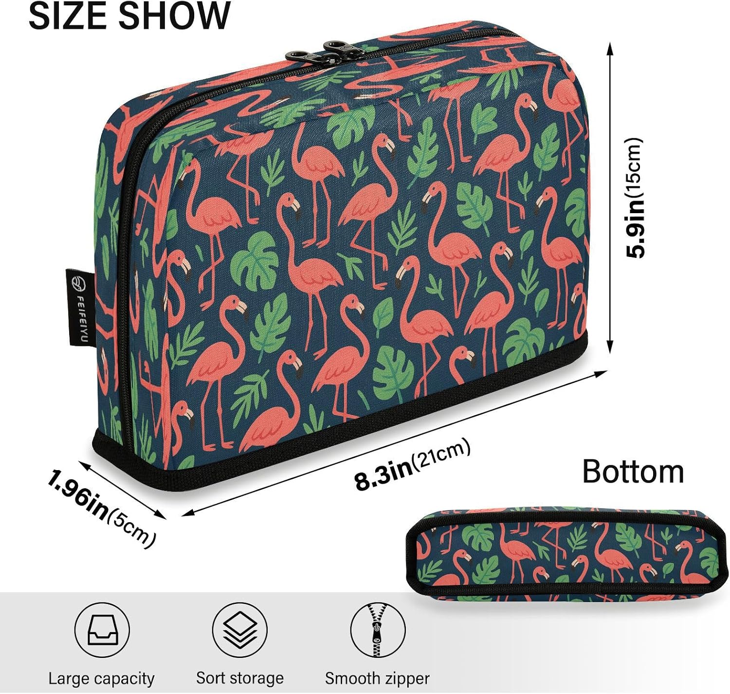 Pink Flamingos on Navy Pencil Case for Kids, Girls – Large Capacity Pencil Bag with Zipper Compartments, Foldable Standing Pouch for School Supplies image 3