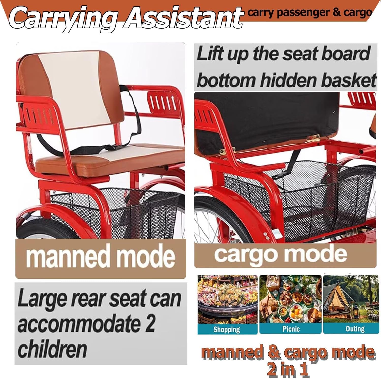 Folding Pedal Assist Trikes,Low-Step 3 Wheels Cruiser Bikes for Men,Women,Rear Seat Carry Passenger and Cargo,Dual Brakes,Adult Tricycle with Front Suspension,Dual Chian Drive