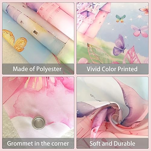 Miniatura 3 de Telón de fondo de castillo de princesa, acuarela, castillo de mariposa, pancarta para fiesta de cumpleaños de niña, suministros de decoración de