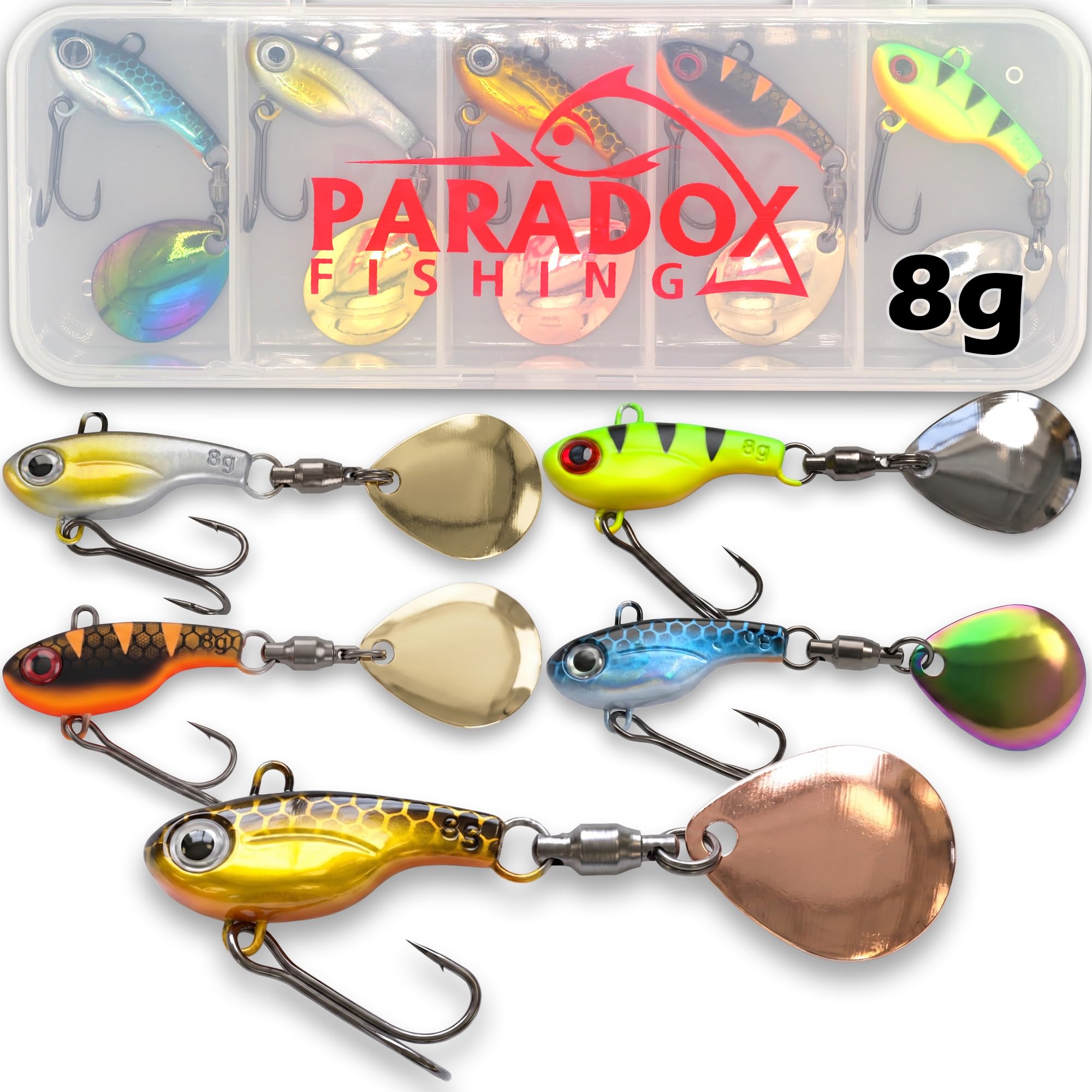 Paradox Fishing Infinity Jig Spinner zestaw 5 sztuk 5 g/8 g/14 g/21 g – spin jig do łowienia okonia, przynęty na sandacze, szczupaki, przynęty spinningowe, przynęty na okonie