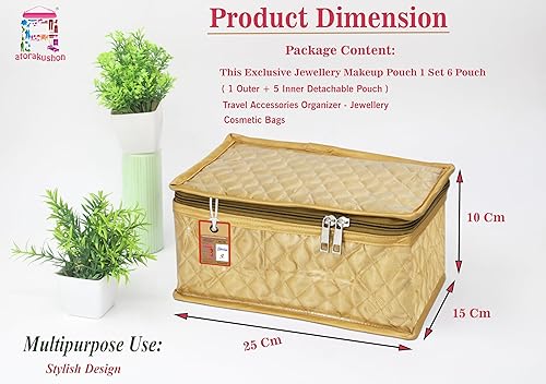 Miniatura 7 de atorakushon Juego de 5 bolsas de maquillaje de satén para cosméticos, collares, aretes, organizador de joyas para mujer (dorado)