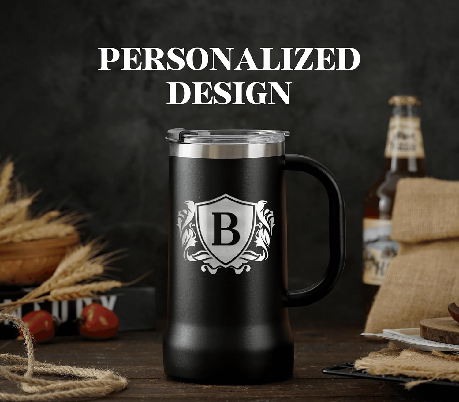 Onebttl Personalized Beer Stein, Beer Mug with Handle - Gifts for Beer Lovers, Men Who Have Everything on Birthday, Christmas - Customized Monogram 24 oz Double Wall Stainless Steel Cup, J - Image 6