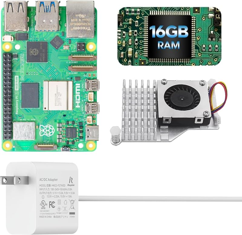 Basic Kit for Raspberry Pi 5 16GB RAM- Includes 16GB Board, 27W PD Power Supply and Active Cooler