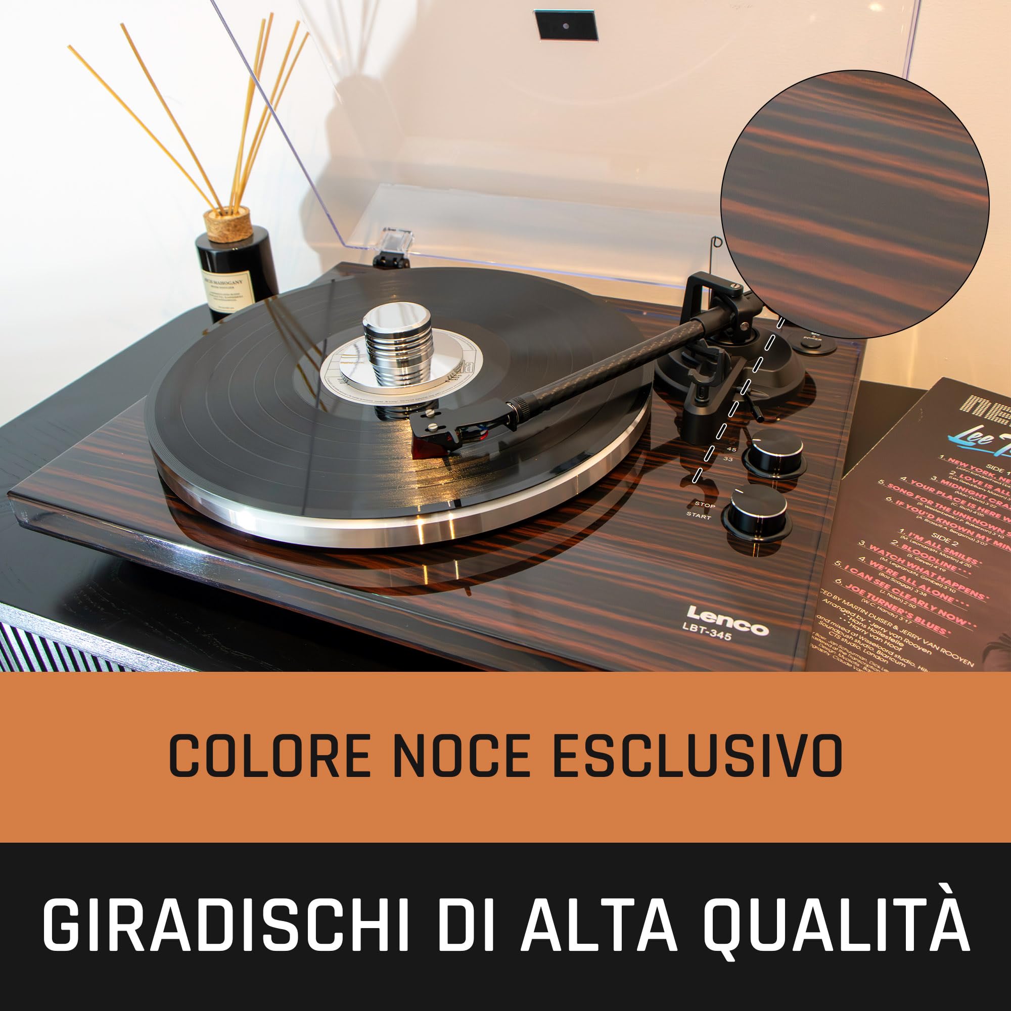 Lenco LBT-345WA - Giradischi con Bluetooth® e testina 2M Red, incluso stabilizzatore cromato - Noce