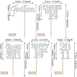 30PCS 14th Birthday Cupcake Toppers Glitter Fourteen Happy 14th Straight Outta 2011 Cupcake Picks for Cheers to 14 Years 14th Birthday Wedding Anniversary Party Decoration Supplies Silver