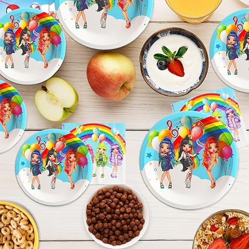 Miniatura 6 de 40 piezas de juguetes de fiesta Rainbow High Dolls incluyen 20 platos, 20 servilletas para decoración de fiesta de cumpleaños de muñecas Rainbow High