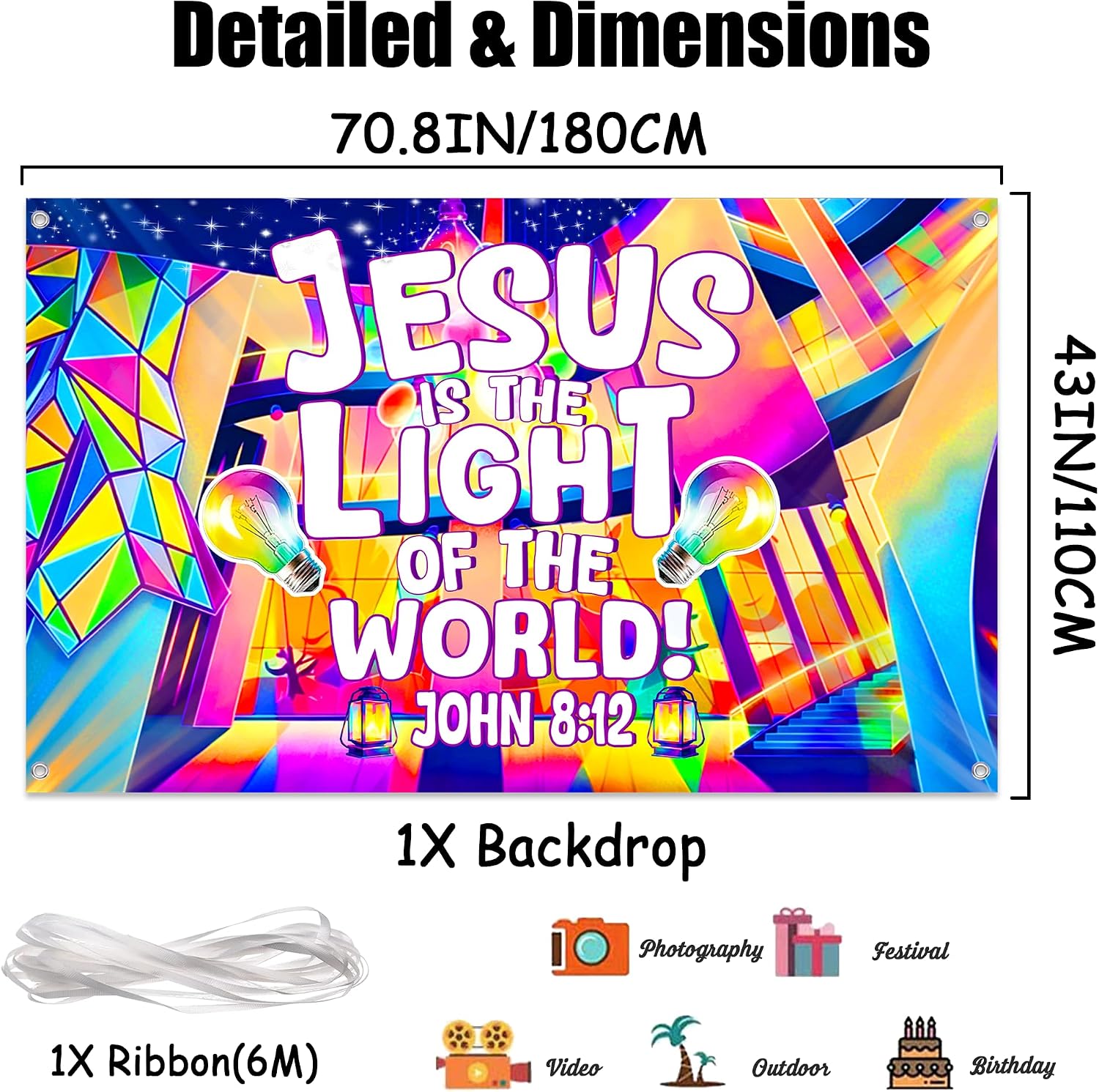 2026 VBS Decorations Backdrop Banner - 70.8 x 43 Inch Jesus is The Light of The World Verse Photography Background, Religious Vacation Bible Sunday School Christian VBS Decoration for Church Classroom