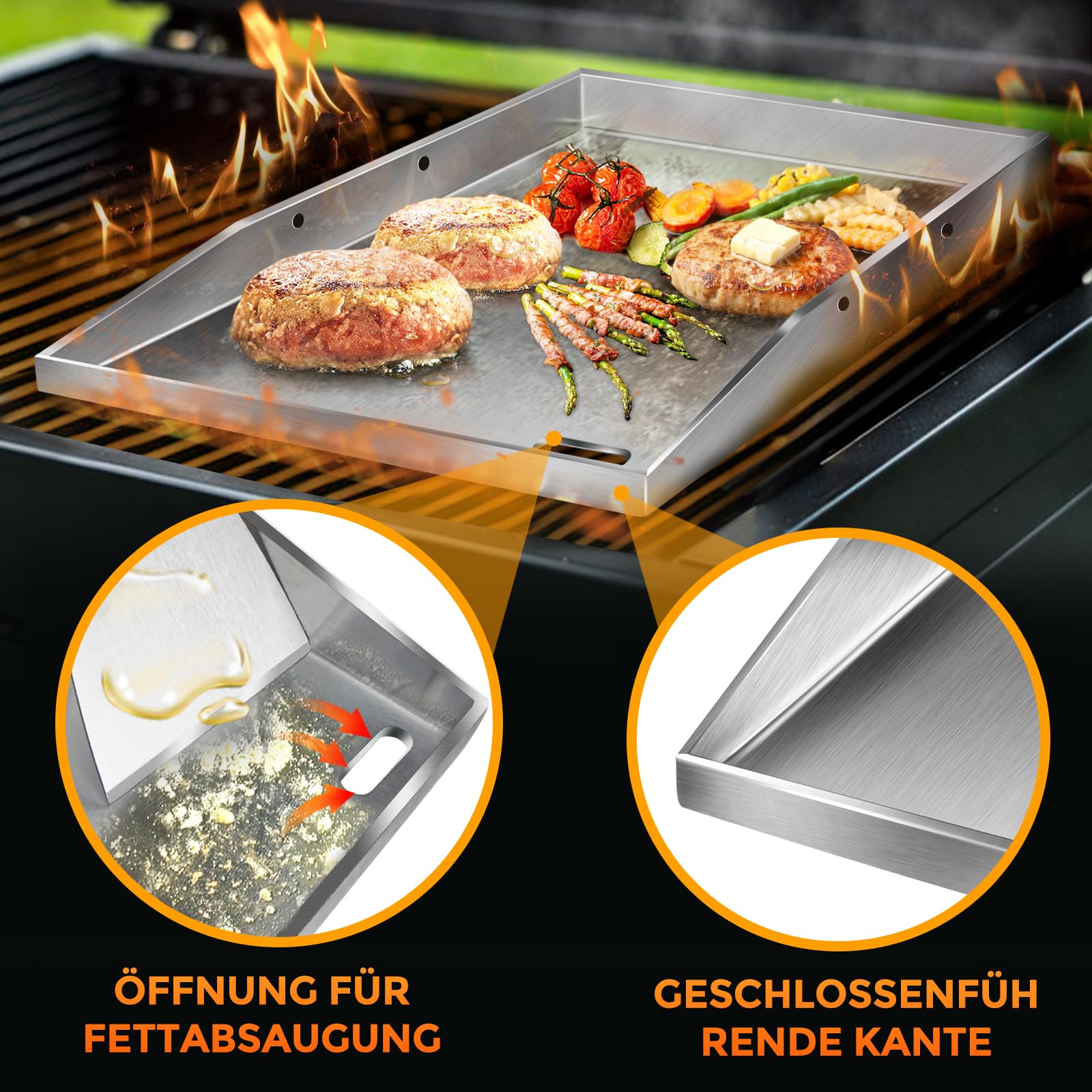Grillplatte Plancha, 4 mm starker Edelstahlgrill für Gas- und Holzkohlegrills 40 x 30 x 4 cm, mit abnehmbarem Griff, mit 2 Grillspatel-Set,Grillgeschenke für Männer und Frauen