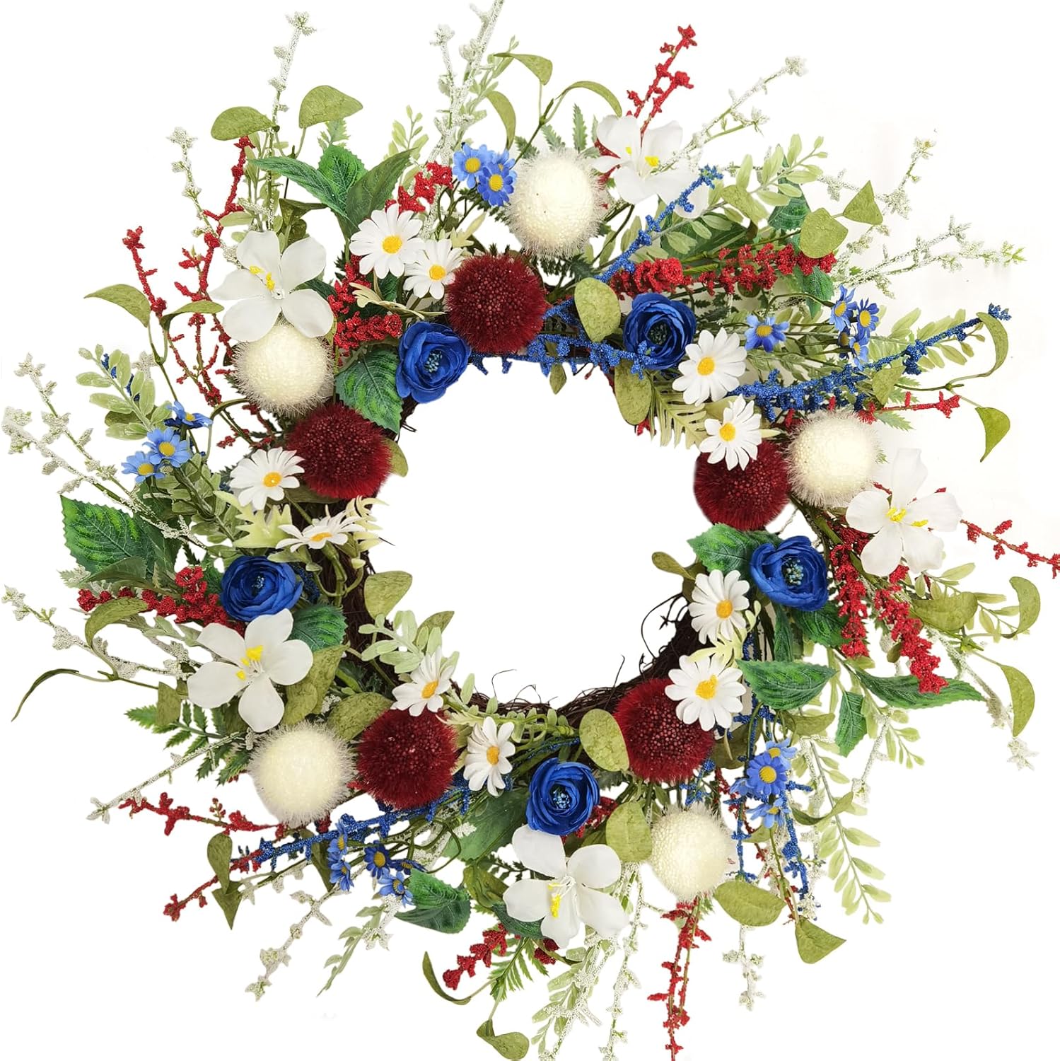 20 Inch 4th of July Patriotic Day Wreath Artificial Floral Wreath for Front Door Red Blue White Flower Patriotic Decorations for Memorial Day Independence Day Veterans Day