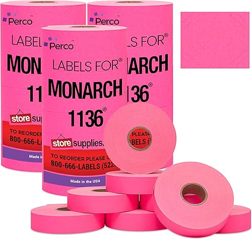 Perco Etiquetas de precio rosa fuorescente para pistola de precios Monarch 1136 3 fundas Paquete económico de 24 rollos 42,000 etiquetas de