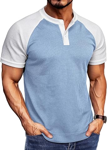 Nuofengkudu Mens Waffle Henley Shirts Short Sleeve Raglan Casual Tees Summer Color Block T-Shirts