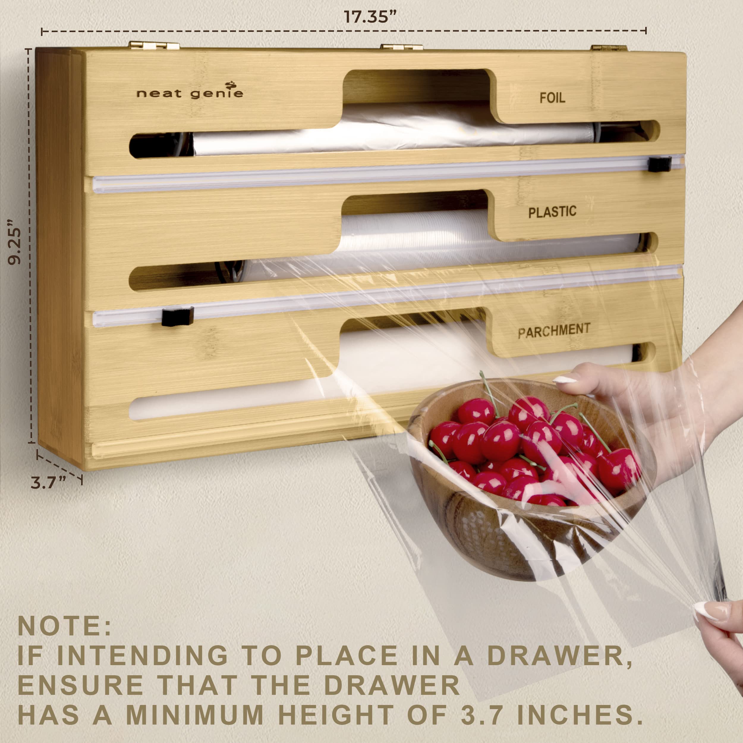 Neat Genie 3 in 1 Bamboo Foil and Plastic Wrap Organizer with Cutter - Foil and Plastic Wrap Dispenser with Cutter - Organizer Holds 15" Parchment, Foil, and Plastic Rolls