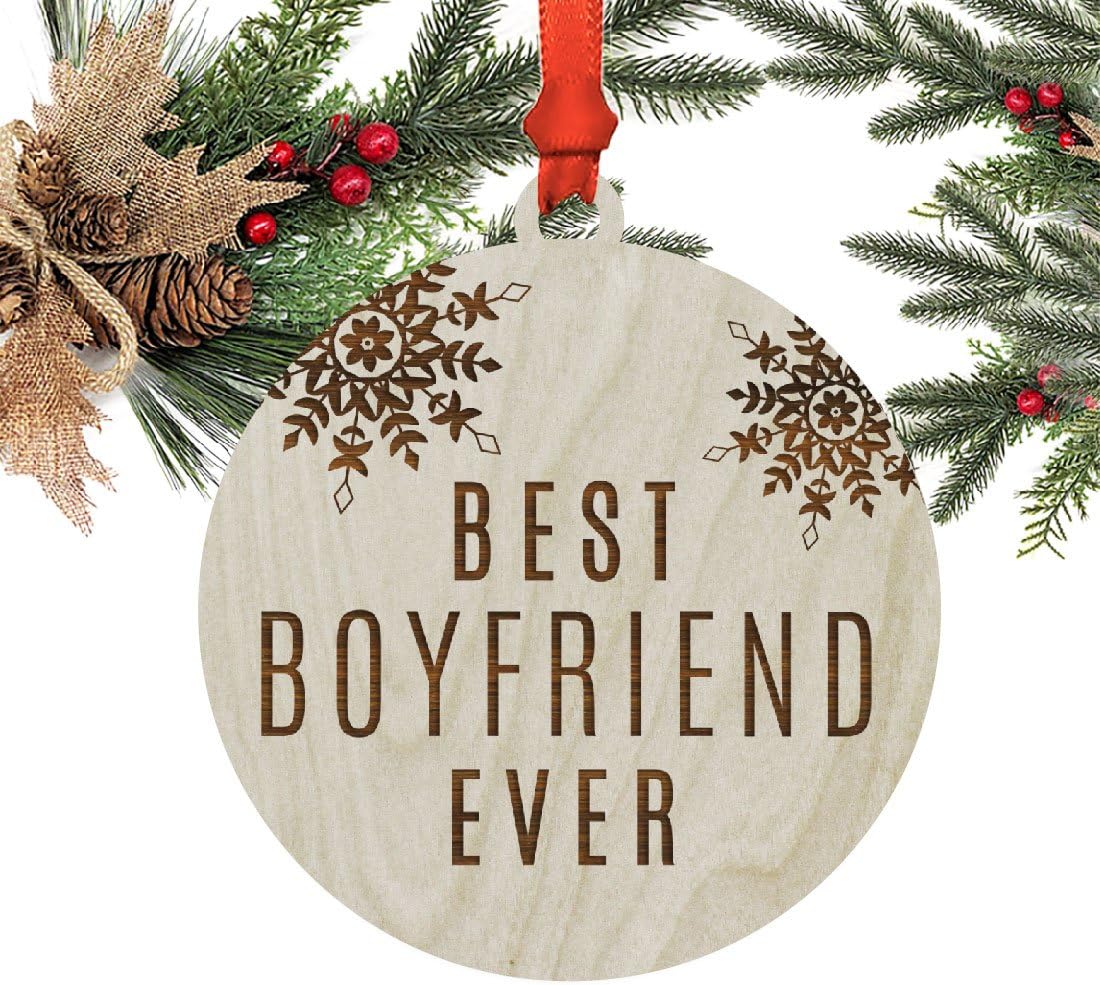 Andaz Press Round Laser Engraved Wood Christmas Ornament, Best Boyfriend Ever, Snowflakes, 1-Pack, Includes Ribbon and Gift Bag, Father's Day Birthday Present Gift Ideas