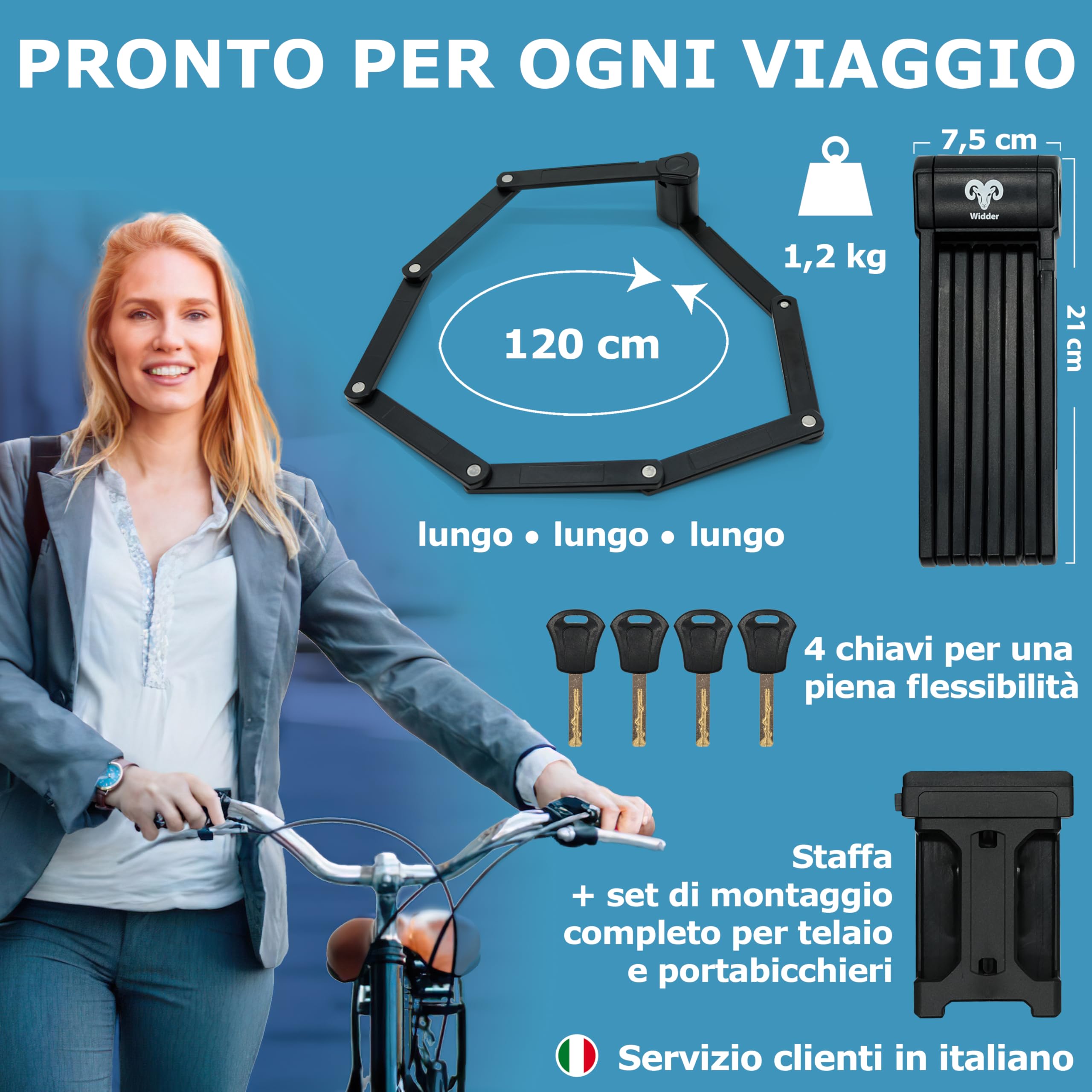 WIDDER Antifurto pieghevole per bici molto sicuro | 120 cm | con 4 chiavi | Lucchetto pieghevole per bicicletta con staffa | ideale come antifurto per e-bike, e-scooter, bici | Bike Lock