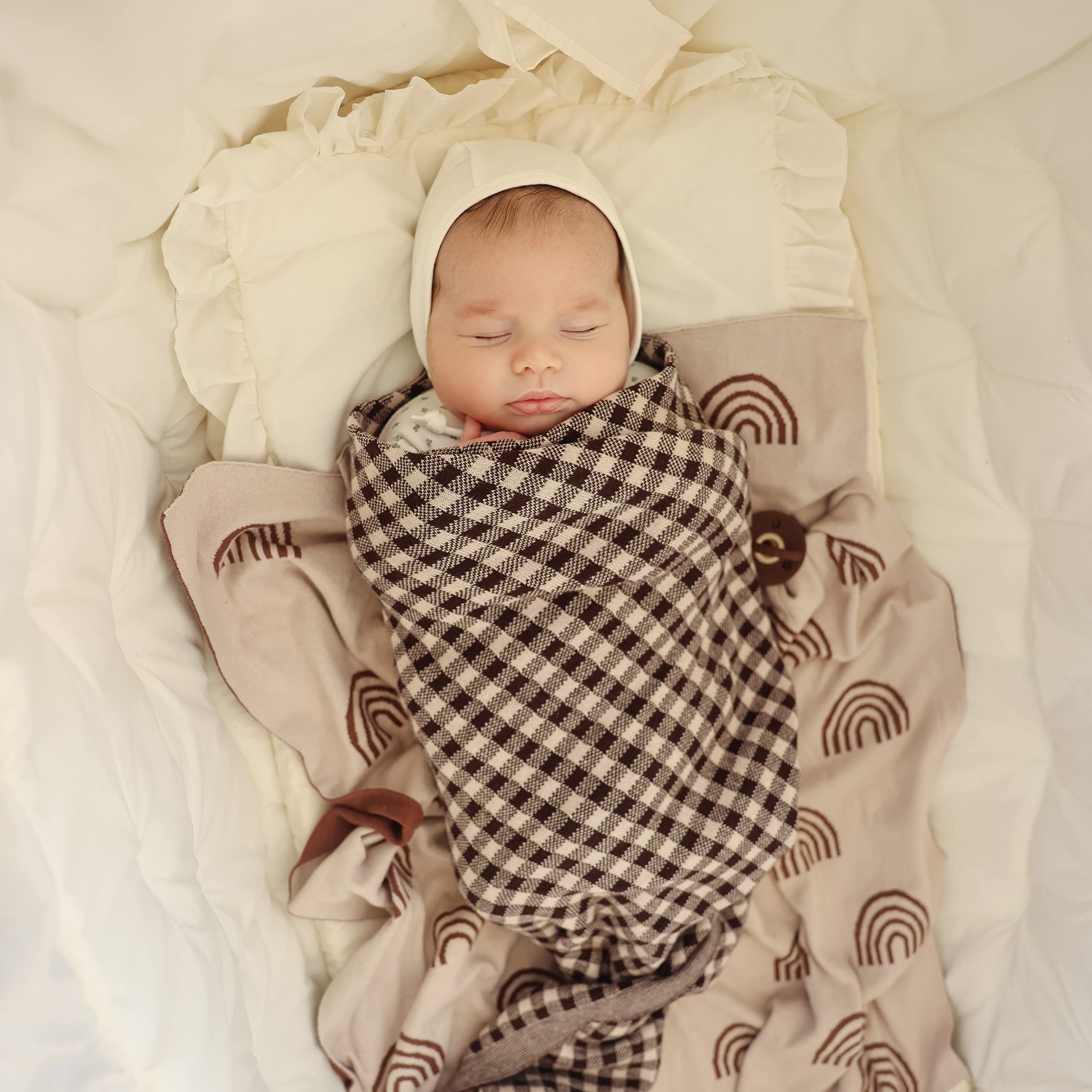 Lussuosa coperta per neonati lavorata a maglia, 100% morbido cotone fine, utilizzabile come fasciatura per culla e passeggino, unisex, neutra, per neonati e ragazze (plaid - moka)