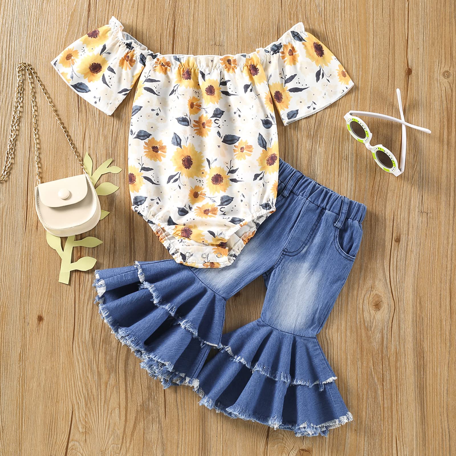 Infant Girl Bell Bottoms Outfit Sunflower Off Shoulder Bodysuit Romper Denim Flared Pants Summer Jean 2 Pieces Set (White Blue, 9-12 Months)