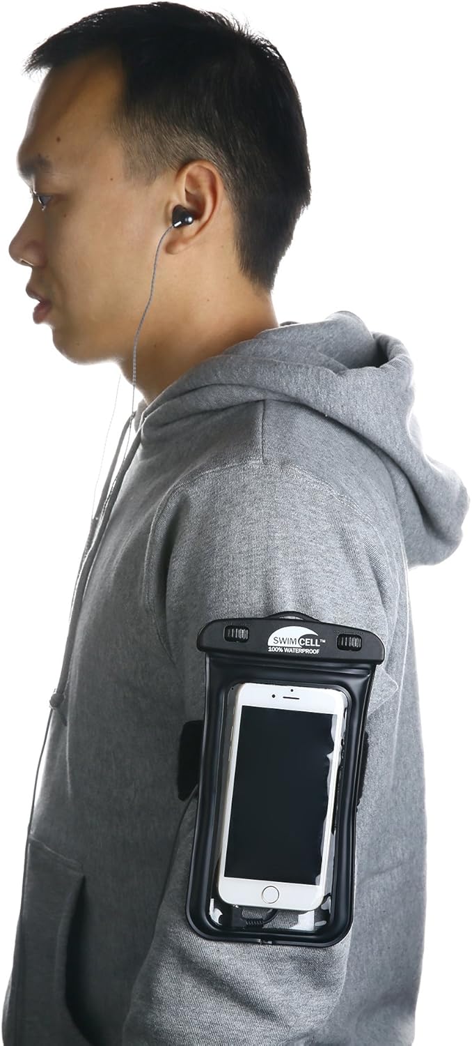 Waterproof Phone Holder Armband Case for Swimming Running Walking with Headphone Jack. Fits Standard Size Phones up to 5.9 inch/15cm- iPhone, Samsung. Android. Adjustable Armband and Neck Lanyard.