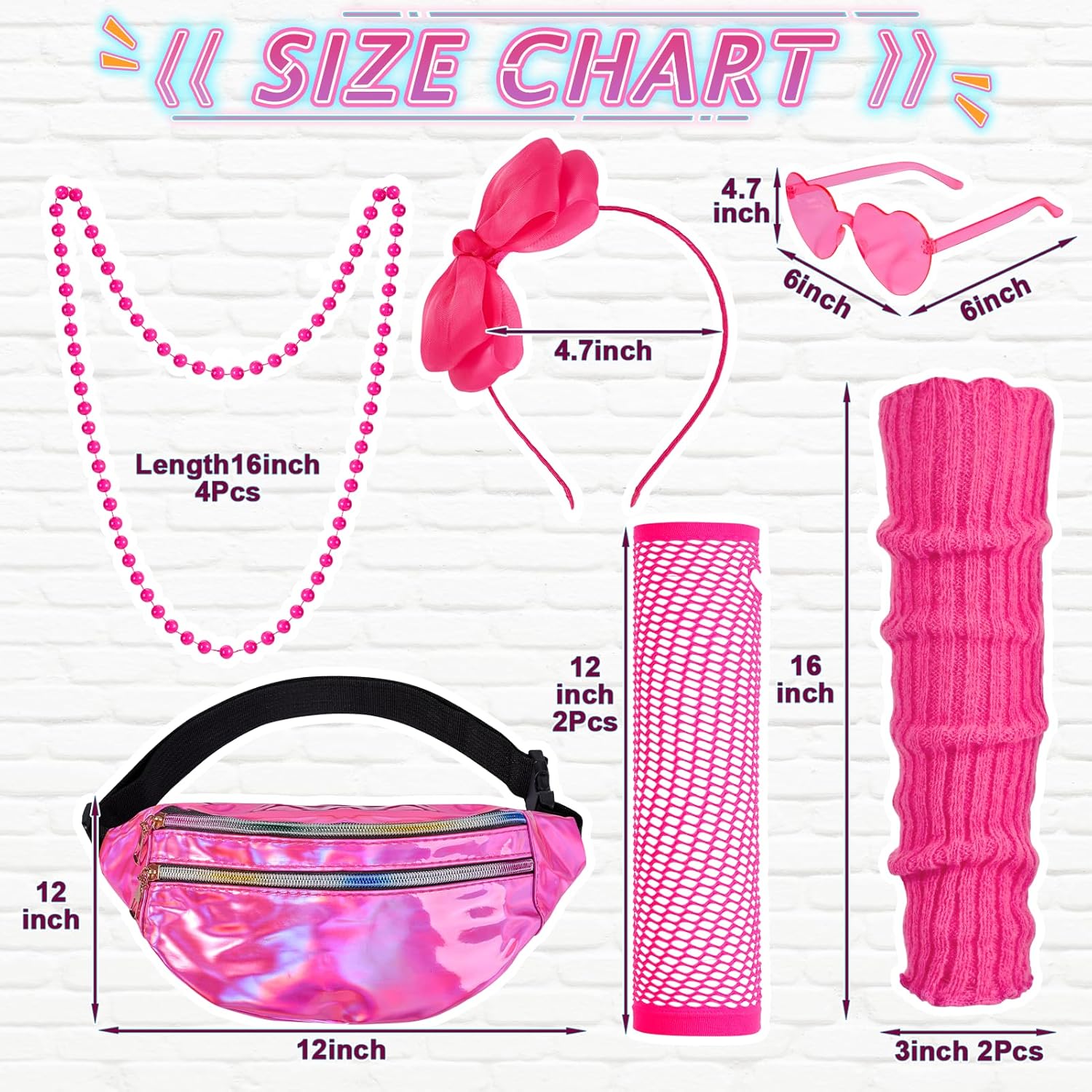 14PCS Girls 80s Costume Accessories Set Kids 80s Outfits for Halloween Cosplay 1980s Retro Fancy Party