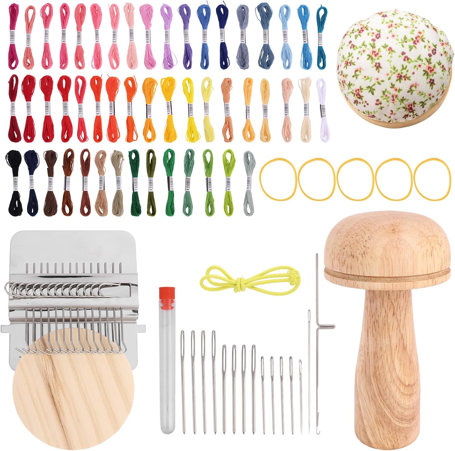 Penitue Mini Darning Loom, Mushroom Knit Kit with 14 Hooks Small Weaving Loom 14 Needle 50 Color Threads Portable Sewing Weaving Repair Tool for Mending Socks Clothes Jeans