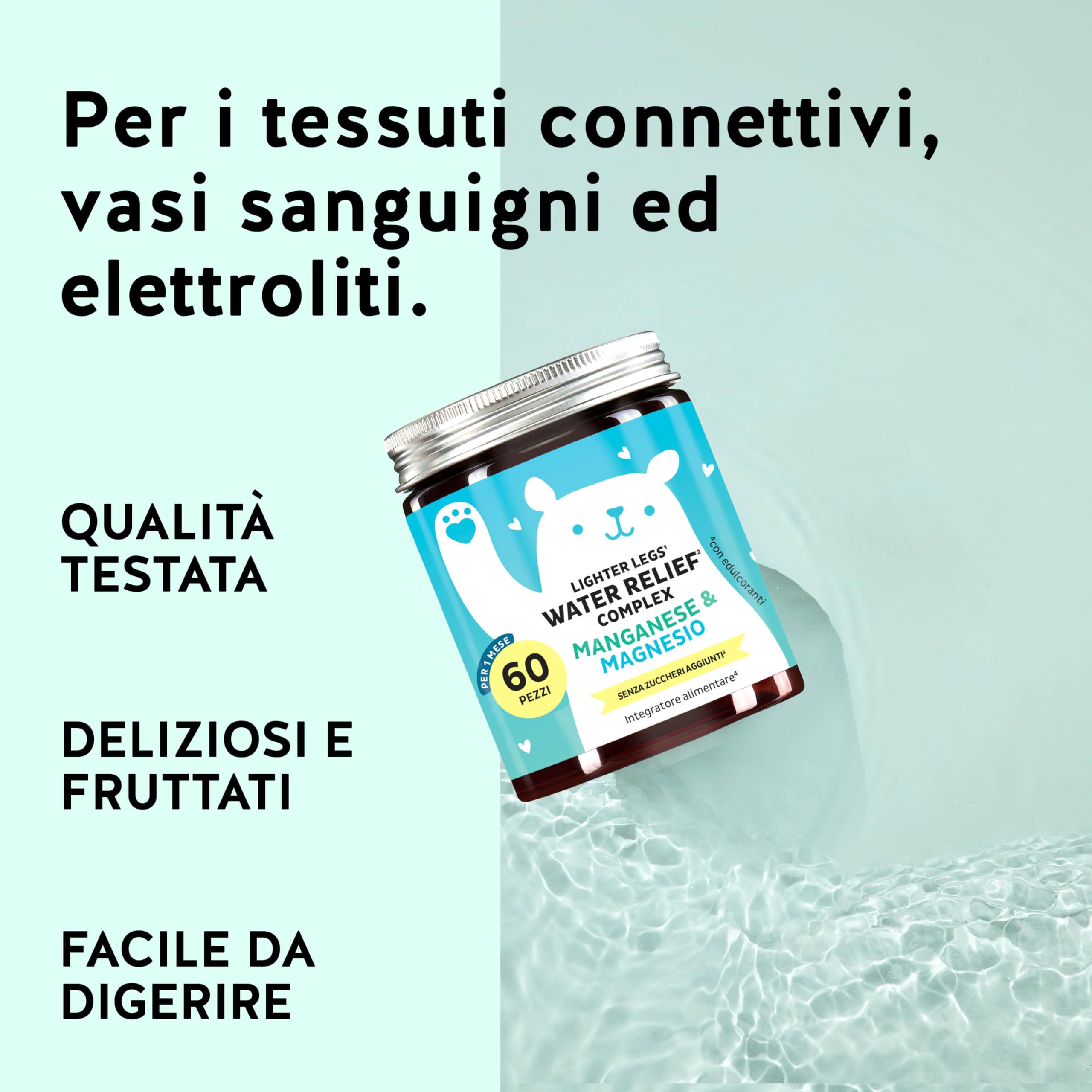 Water Relief Complex - Caramelle Gommose Equilibrio Elettrolitico, Gambe Leggere - Vitamina C, Magnesio, Manganese - 60 pezzi (1 mese) - Senza Zuccheri Aggiunti, Vegan - Bears with Benefits
