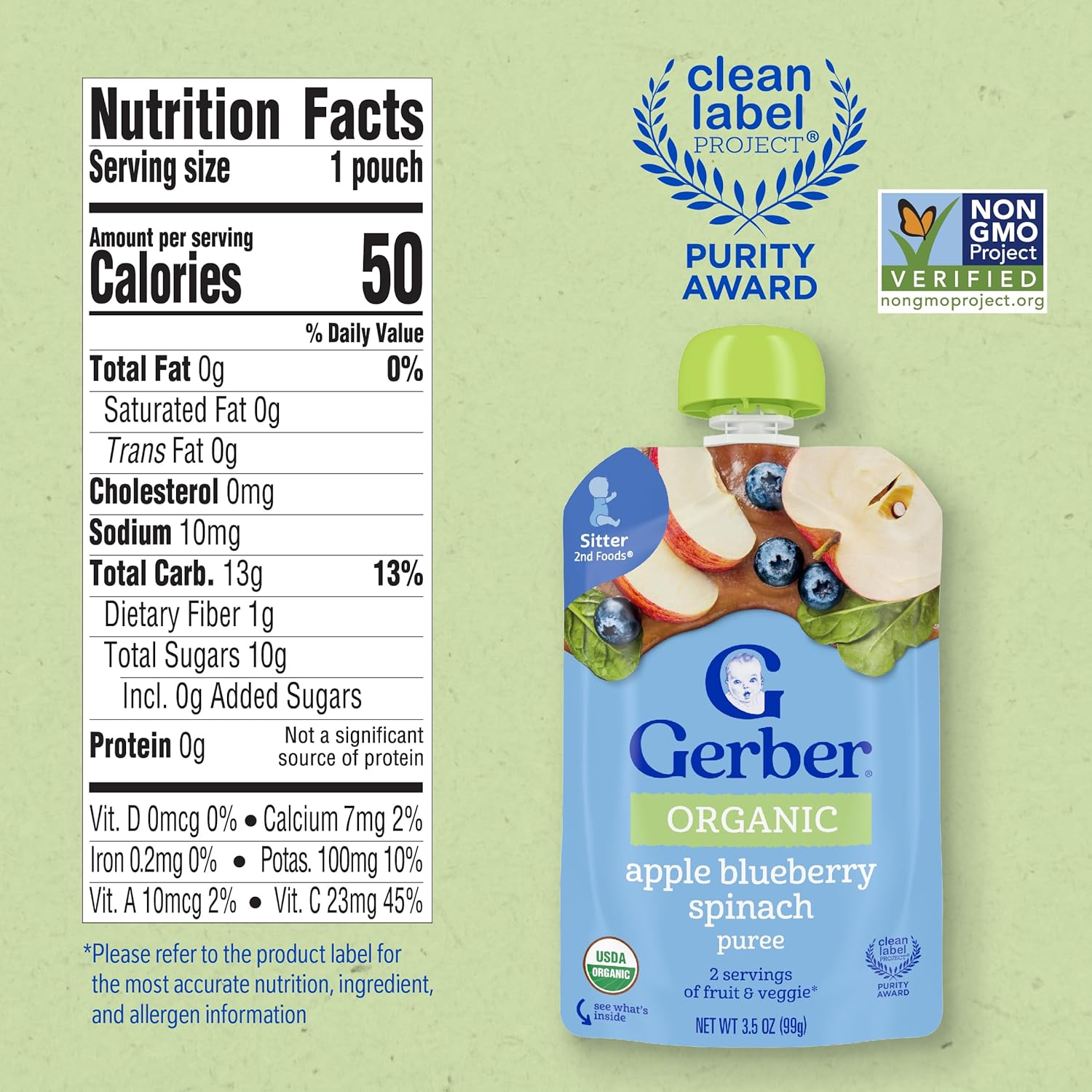 Gerber Stage 2 Baby Food, Organic Apple Blueberry Spinach Puree Pouch, 2 Servings of Fruit & Veggie, No Added Sweetener, No Artificial Colors or Flavors, 12-Pack