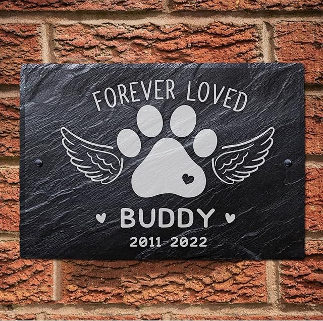 EDSG Personalised Pet Memorial Plaque Dog Cat Memorial Gifts Plaques UV Pet Memorial Sign Natural Slate Grave Marker Plaque Custom Pets Dog Bereavement Gifts Loss Of Pet Gift(Angle Dog)