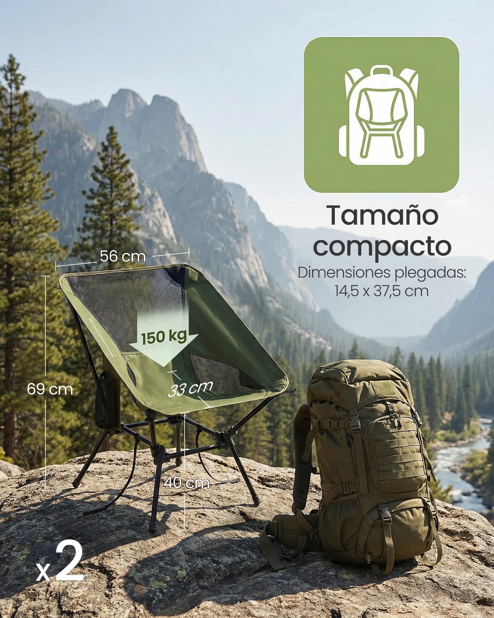 SONGMICS Silla de Camping con Respaldo Bajo, Juego de 2, Silla de Exterior Plegable de Altura Ajustable, Marco de Acero, Carga de 150 kg, con 2 Bolsillos, para Viajes, Verde GCB052CZ01 — view 7