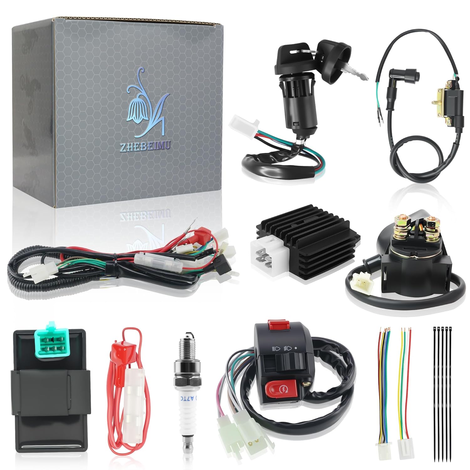 125cc ATV Wiring Harness Complete Kit with Full Wave Regulator A7TC Spark Plug for 50cc 70cc 90cc 110cc 125cc Chinese Mini Kids ATV Quad Buggy Go Kart 4 Wheeler with 4-Stroke Engine